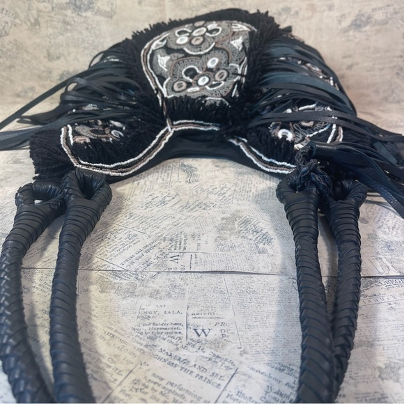 Anthropologie IbBAN LTR Emb. Beaded Fringe Black Linen Bohemian Bag - Picture 9 of 14